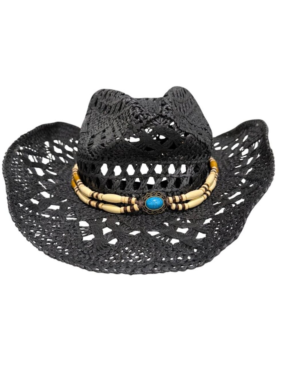 Black Woven Straw Cowboy Hat With Beaded Band & Turquoise Stone Accent - Picture 3 of 9